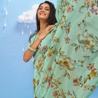 Laxmipati Sadhana Floral Printed Georgette Saree in Pastel Green Color