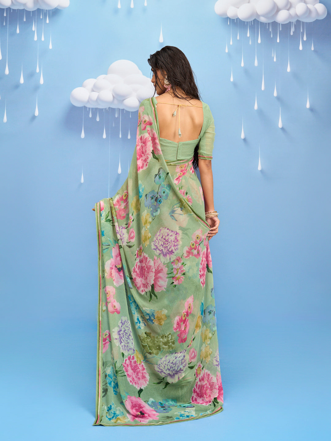 Laxmipati Sadhana Floral Printed Georgette Saree in Green Color