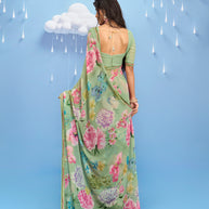 Laxmipati Sadhana Floral Printed Georgette Saree in Green Color
