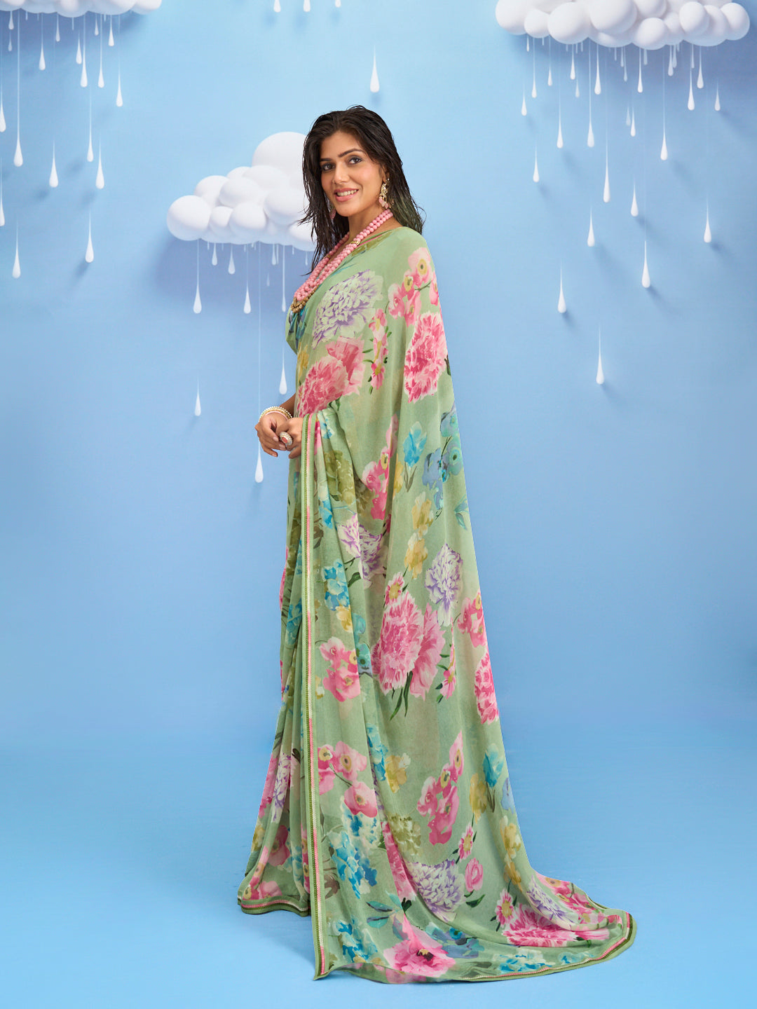Laxmipati Sadhana Floral Printed Georgette Saree in Green Color