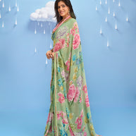 Laxmipati Sadhana Floral Printed Georgette Saree in Green Color