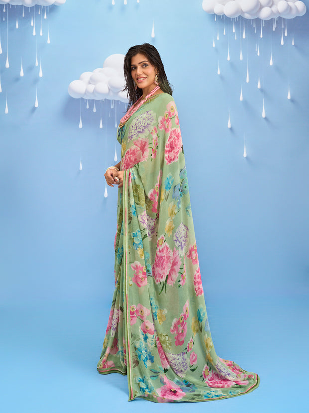 Laxmipati Sadhana Floral Printed Georgette Saree in Green Color