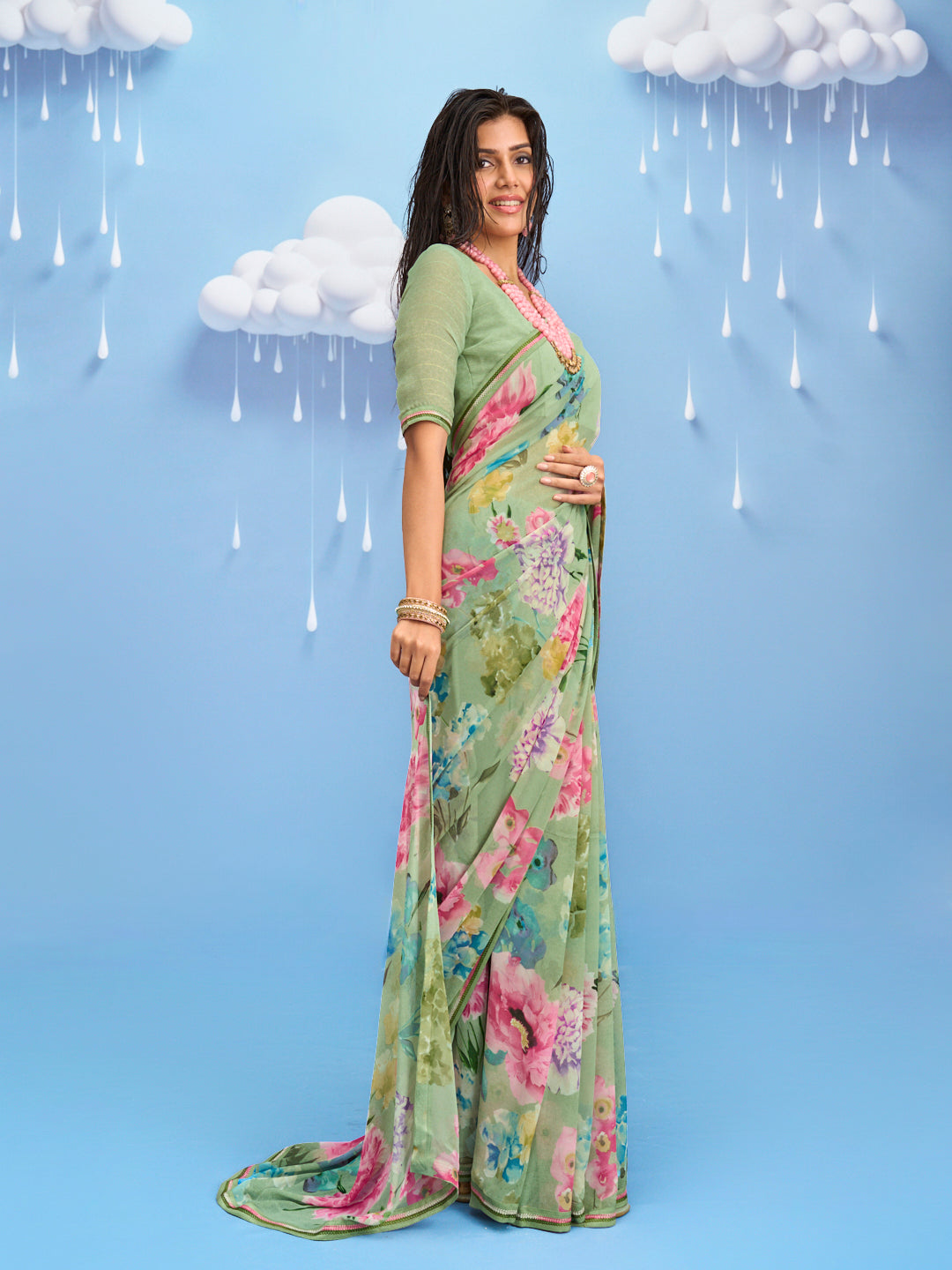 Laxmipati Sadhana Floral Printed Georgette Saree in Green Color