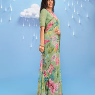 Laxmipati Sadhana Floral Printed Georgette Saree in Green Color