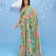 Laxmipati Sadhana Floral Printed Georgette Saree in Green Color