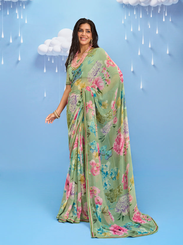 Laxmipati Sadhana Floral Printed Georgette Saree in Green Color