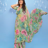 Laxmipati Sadhana Floral Printed Georgette Saree in Green Color