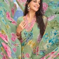 Laxmipati Sadhana Floral Printed Georgette Saree in Green Color