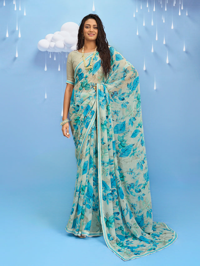 Laxmipati Sadhana Floral Printed Georgette Saree in Grey Color