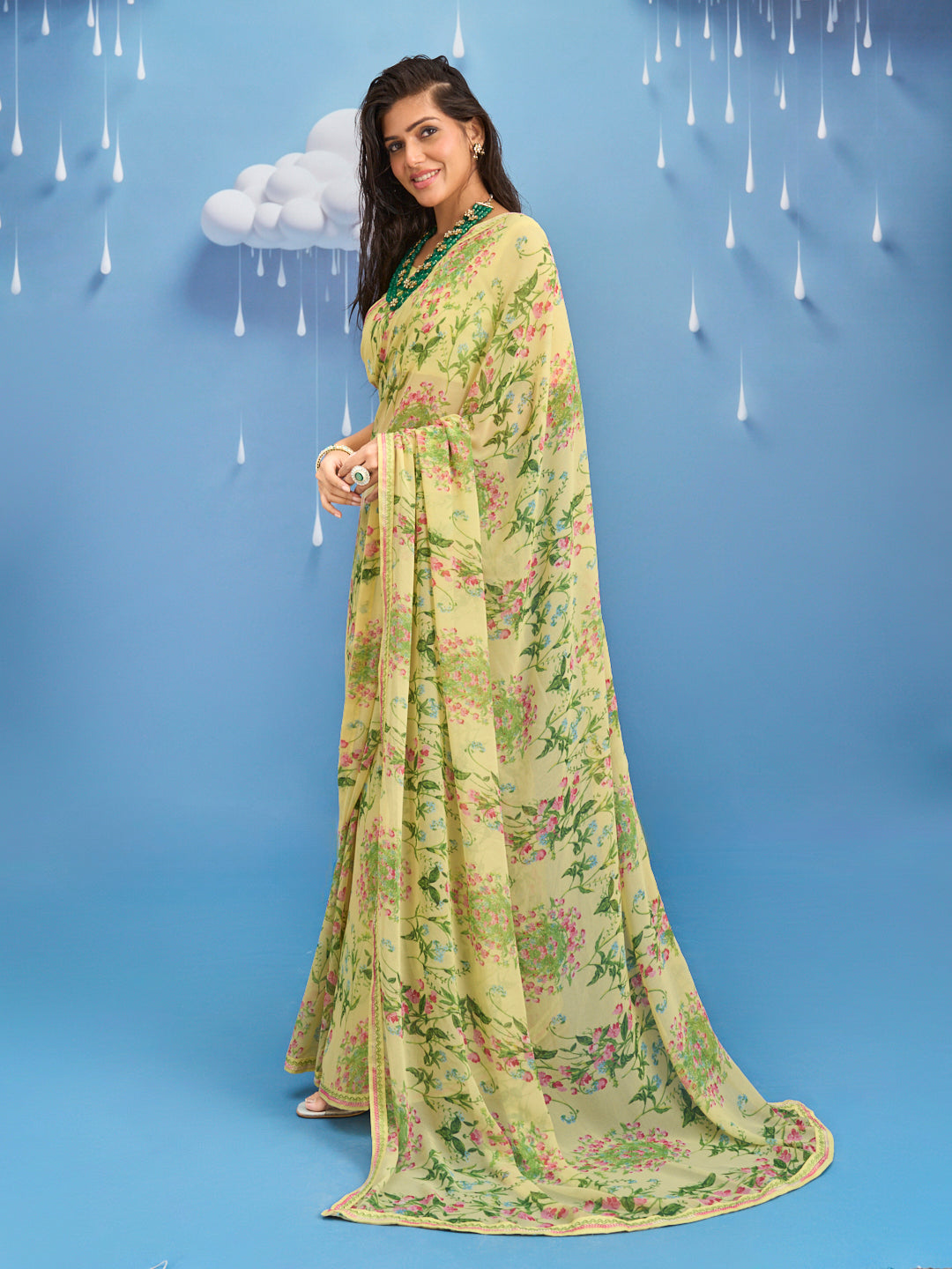 Laxmipati Sadhana Floral Printed Georgette Saree in Yellow Color