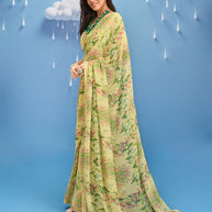 Laxmipati Sadhana Floral Printed Georgette Saree in Yellow Color