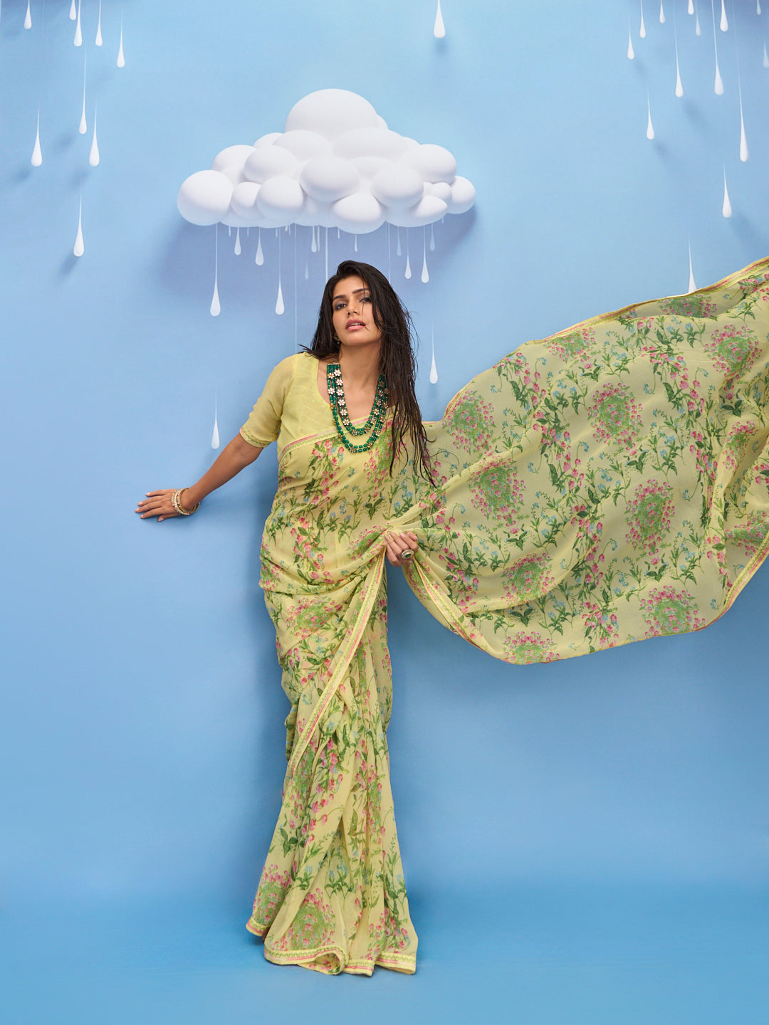 Laxmipati Sadhana Floral Printed Georgette Saree in Yellow Color