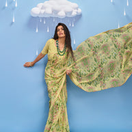 Laxmipati Sadhana Floral Printed Georgette Saree in Yellow Color