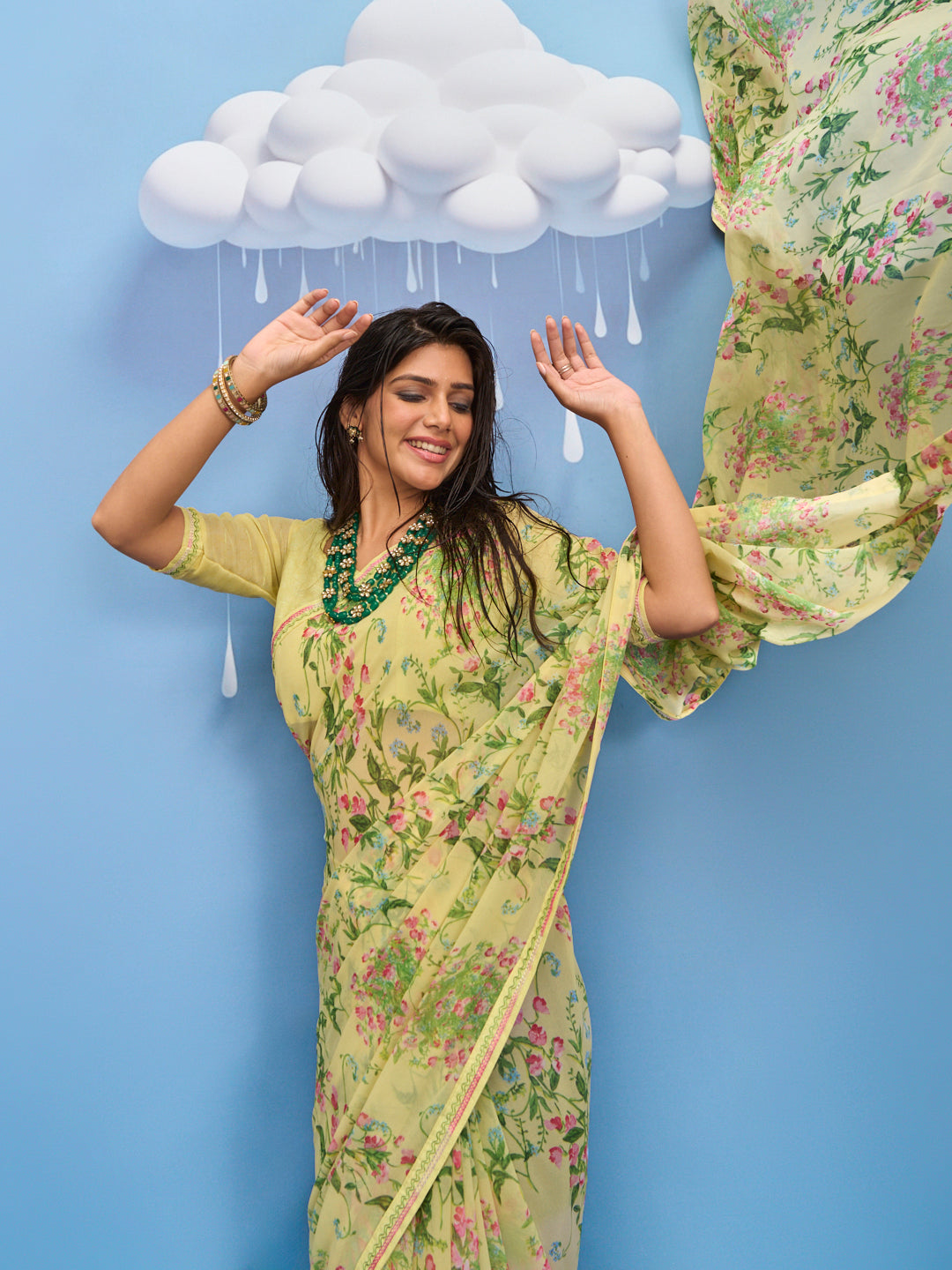 Laxmipati Sadhana Floral Printed Georgette Saree in Yellow Color