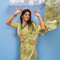Laxmipati Sadhana Floral Printed Georgette Saree in Yellow Color