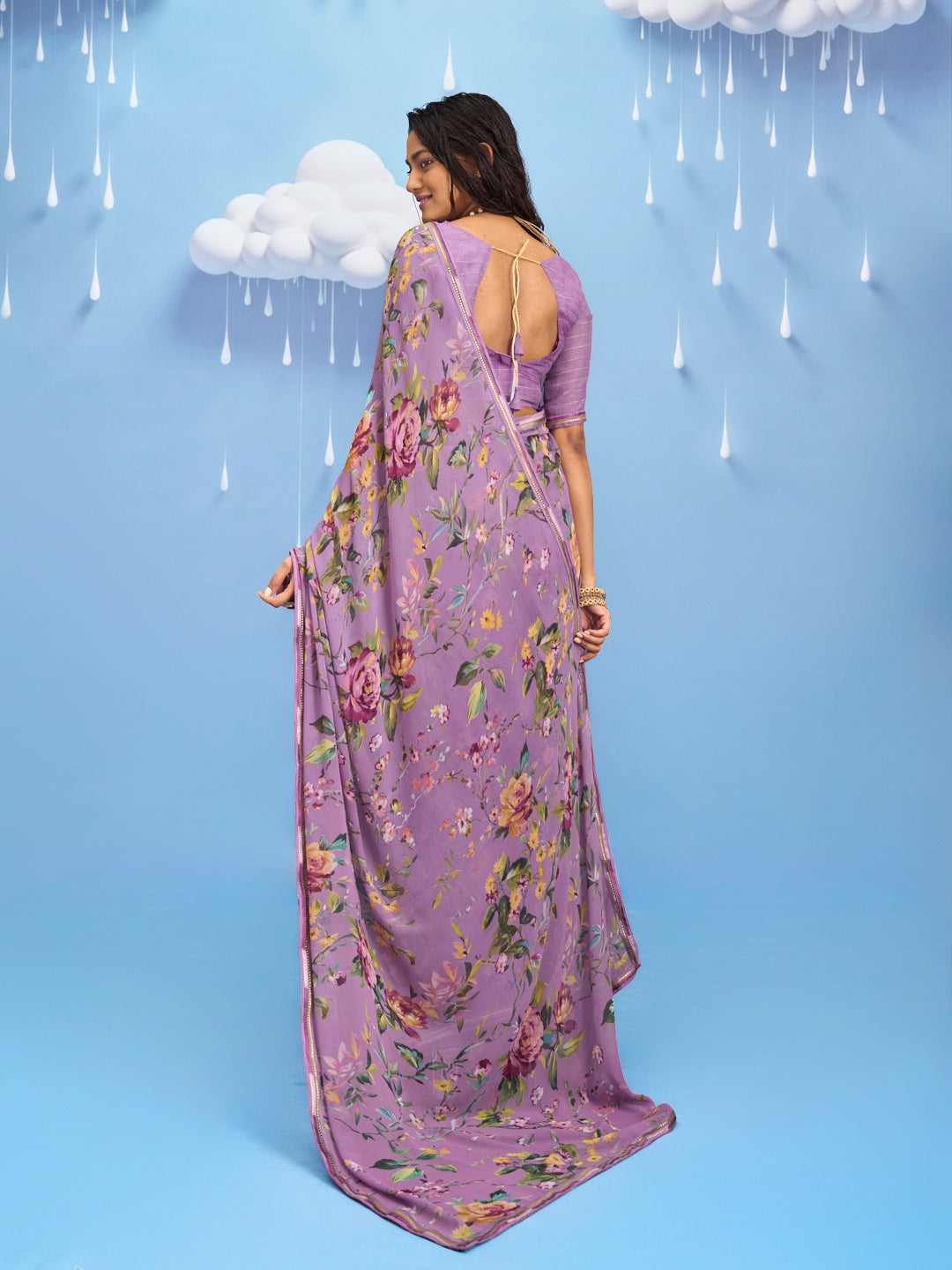 Laxmipati Sadhana Floral Printed Georgette Saree in Purple Color