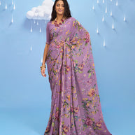Laxmipati Sadhana Floral Printed Georgette Saree in Purple Color