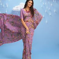 Laxmipati Sadhana Floral Printed Georgette Saree in Purple Color