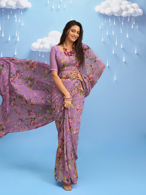 Laxmipati Sadhana Floral Printed Georgette Saree in Purple Color