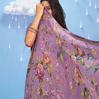 Laxmipati Sadhana Floral Printed Georgette Saree in Purple Color