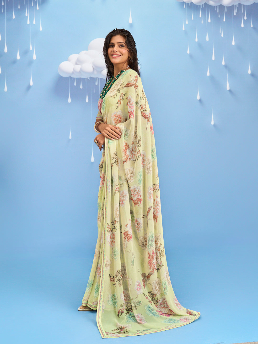 Laxmipati Sadhana Floral Printed Georgette Saree in Green Color