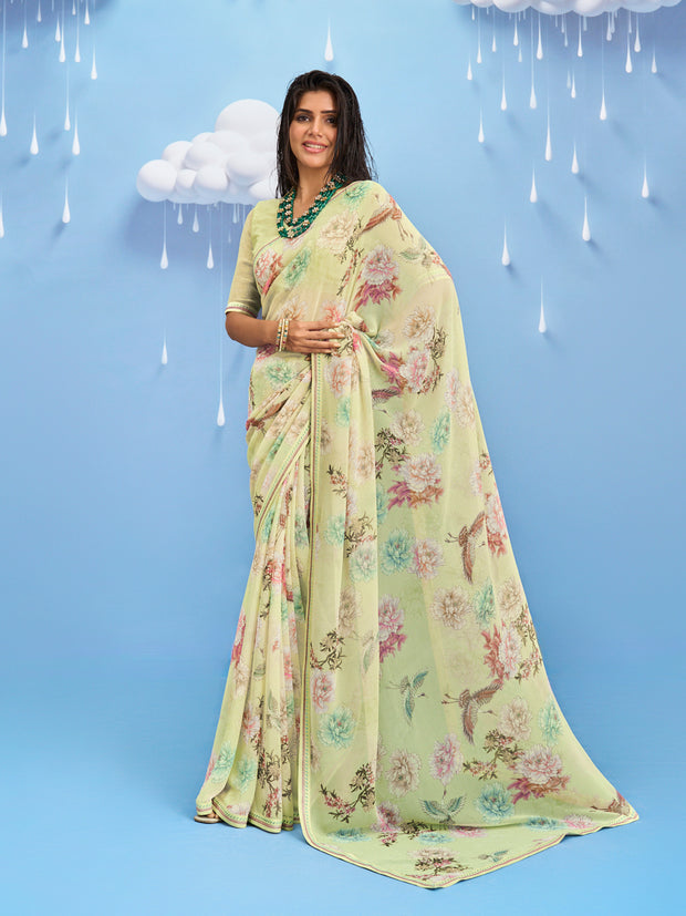 Laxmipati Sadhana Floral Printed Georgette Saree in Green Color