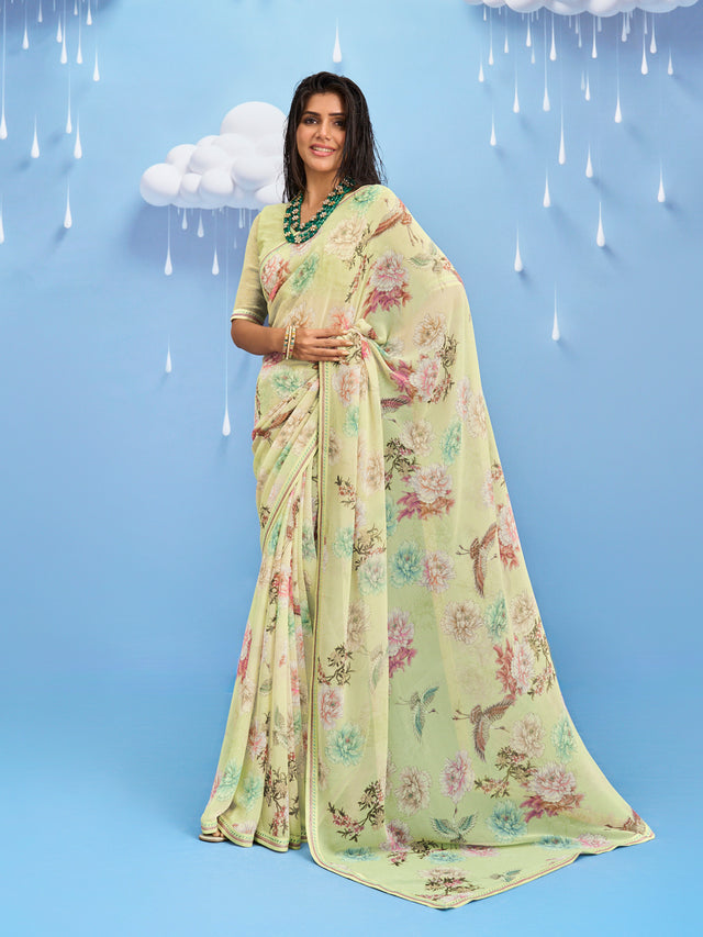 Laxmipati Sadhana Floral Printed Georgette Saree in Green Color