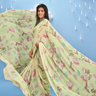 Laxmipati Sadhana Floral Printed Georgette Saree in Green Color
