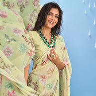 Laxmipati Sadhana Floral Printed Georgette Saree in Green Color