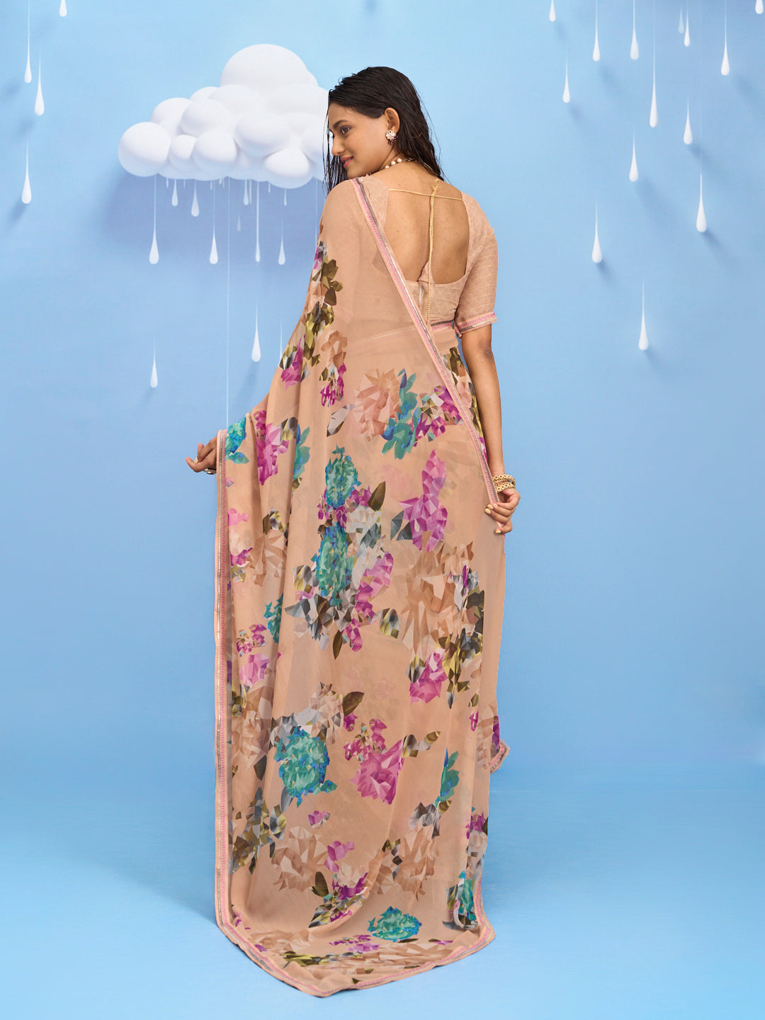 Laxmipati Sadhana Floral Printed Georgette Saree in Brown Color