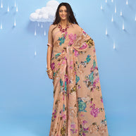 Laxmipati Sadhana Floral Printed Georgette Saree in Brown Color