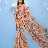 Laxmipati Sadhana Floral Printed Georgette Saree in Brown Color