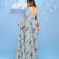 Laxmipati Sadhana Floral Printed Georgette Saree in Grey Color