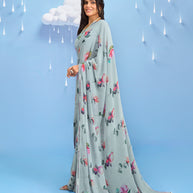 Laxmipati Sadhana Floral Printed Georgette Saree in Grey Color
