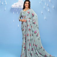Laxmipati Sadhana Floral Printed Georgette Saree in Grey Color