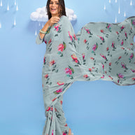 Laxmipati Sadhana Floral Printed Georgette Saree in Grey Color
