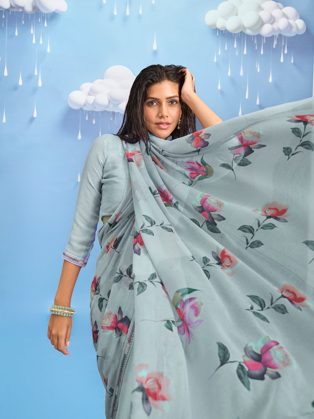 Laxmipati Sadhana Floral Printed Georgette Saree in Grey Color