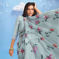Laxmipati Sadhana Floral Printed Georgette Saree in Grey Color