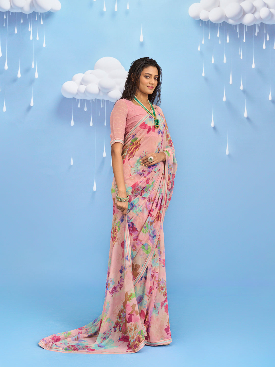 Laxmipati Sadhana Floral Printed Georgette Saree in Pink Color