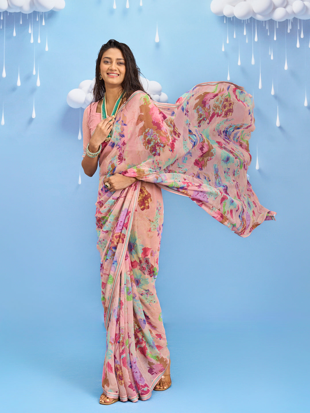 Laxmipati Sadhana Floral Printed Georgette Saree in Pink Color