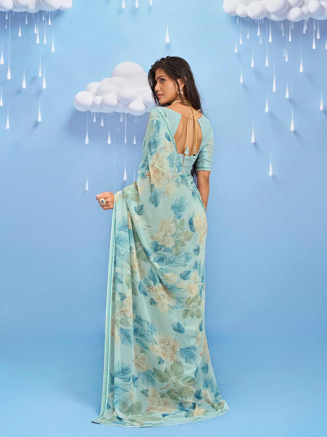Laxmipati Sadhana Floral Printed Georgette Saree in Blue Color