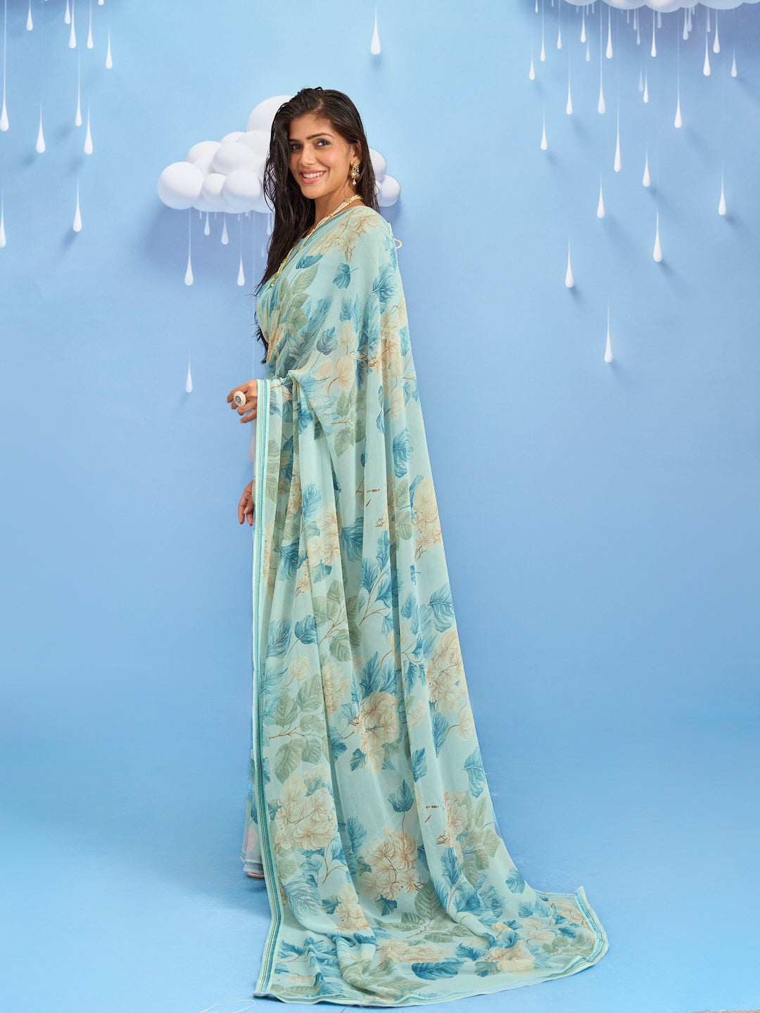 Laxmipati Sadhana Floral Printed Georgette Saree in Blue Color
