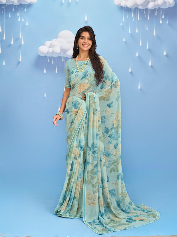Laxmipati Sadhana Floral Printed Georgette Saree in Blue Color