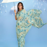 Laxmipati Sadhana Floral Printed Georgette Saree in Blue Color