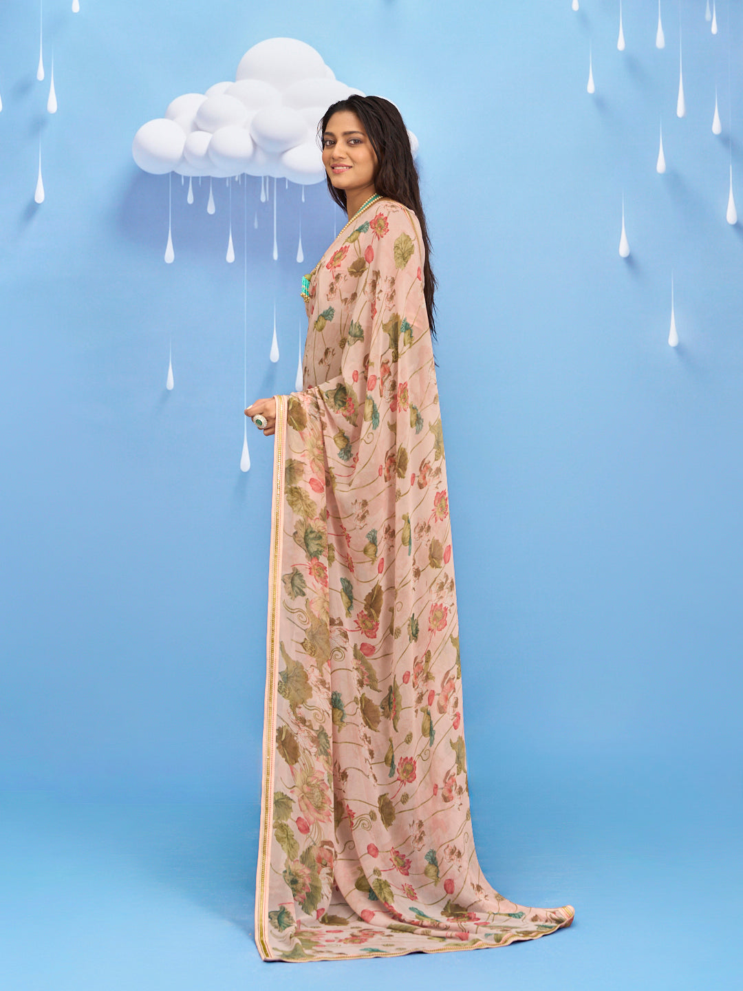 Laxmipati Sadhana Floral Printed Georgette Saree in Brown Color