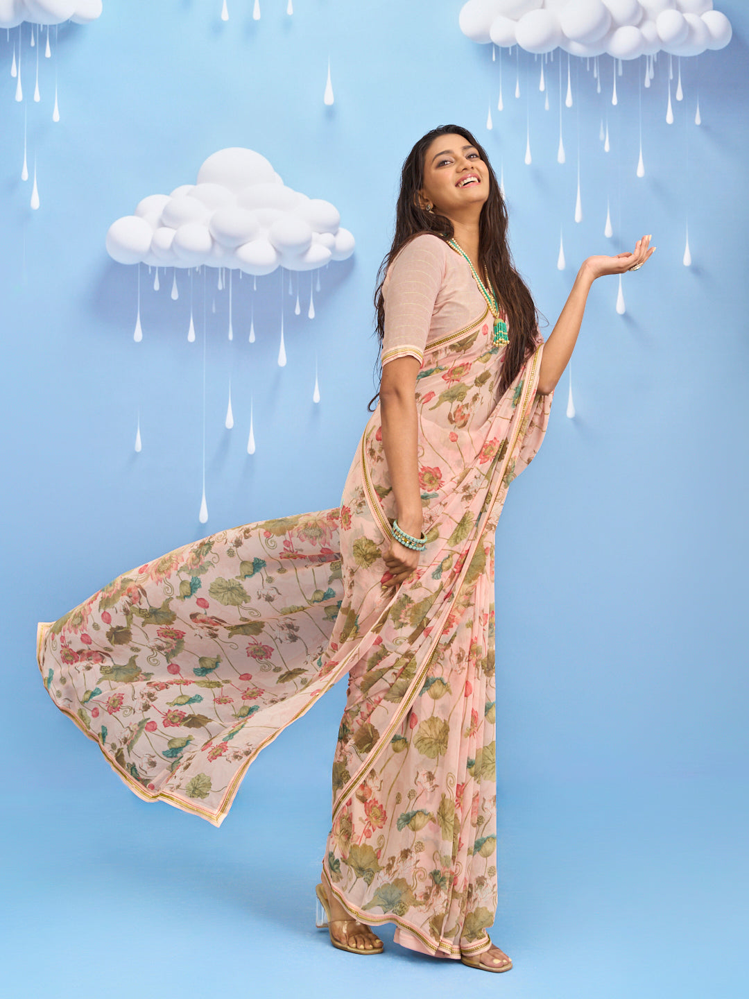 Laxmipati Sadhana Floral Printed Georgette Saree in Brown Color