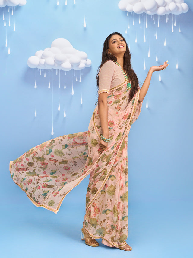 Laxmipati Sadhana Floral Printed Georgette Saree in Brown Color