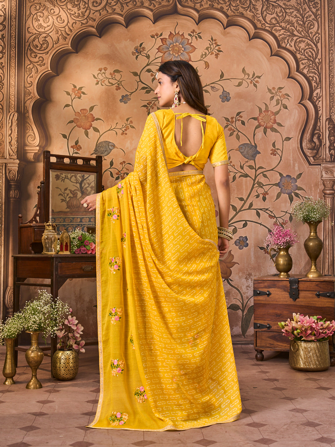 Laxmipati Monaco Embellished Floral Embroidered Chiffon Saree in Yellow Color