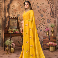 Laxmipati Monaco Embellished Floral Embroidered Chiffon Saree in Yellow Color
