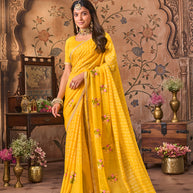 Laxmipati Monaco Embellished Floral Embroidered Chiffon Saree in Yellow Color